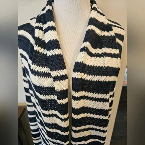 Wooden Ships •Size M-L• Longline Open Knit Cardigan Navy Blue & White Anthro - Picture 2 of 7